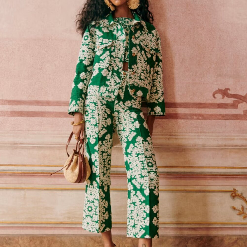 Sézane Margareth Pants in jacquard arabesque vert ~ size 38 (US6), NWOT!